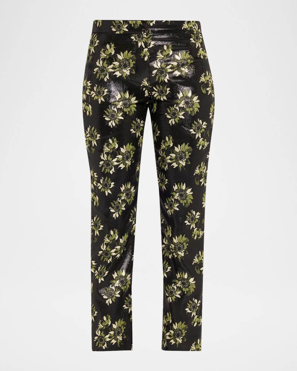 Lacquered Sunflower Jacquard Slim-Leg Ankle Pants